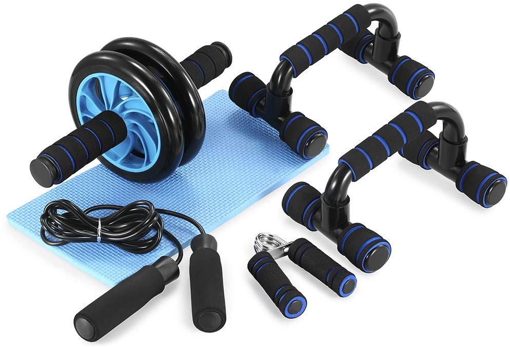 Ab-roller, push up bars, jump rope set for work out from home