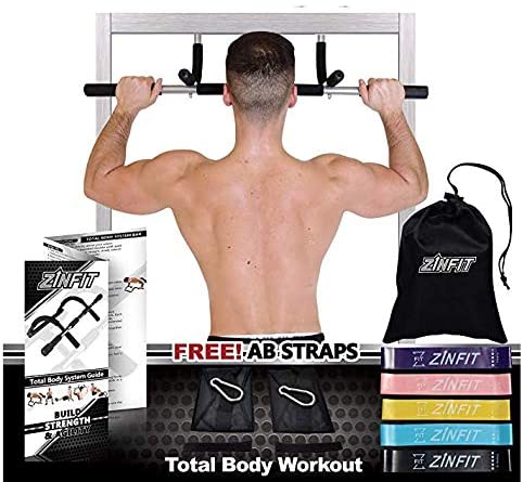 Pull up bar and resistance straps for work out from home